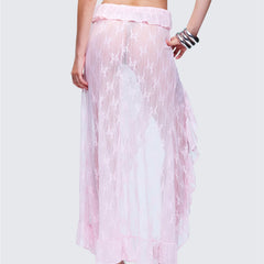 Pink Sheer Asymmetrical Lace Ruffle Midi Skirt
