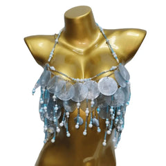 Shell Beaded Sequin Pearls Strap Open Back Bralette