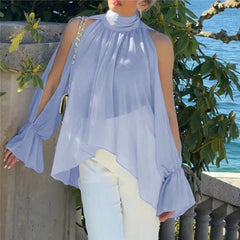 Mock Neck Back Tie Cut Out Split Flare Long Sleeve Blouse