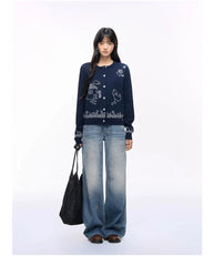 Blue Cartoon Embroidery Cardigan