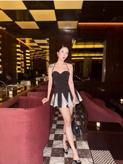 Black Polka Dot Lace Patchwork Ruffle Hem Strappy Mini Dress