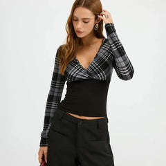 Plaid Patchwork Black Long Sleeve Top