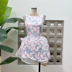 Jacquard Floral Print O-neck Sleeveless Irregular Weave A-line Mini Dress