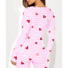 Long Sleeve Striped Heart Print Jumpsuit