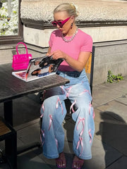 Pink Ribbon Bow Straight Baggy Jeans