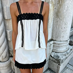 Lace Trim Square Neck Peplum Top And Mini Skirt Set