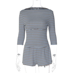 Striped Print 3/4 Sleeve Boat Neck Top and Elastic Waist Shorts Set
