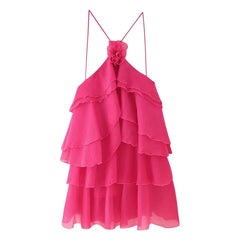 Pink ruffled dress with thin straps