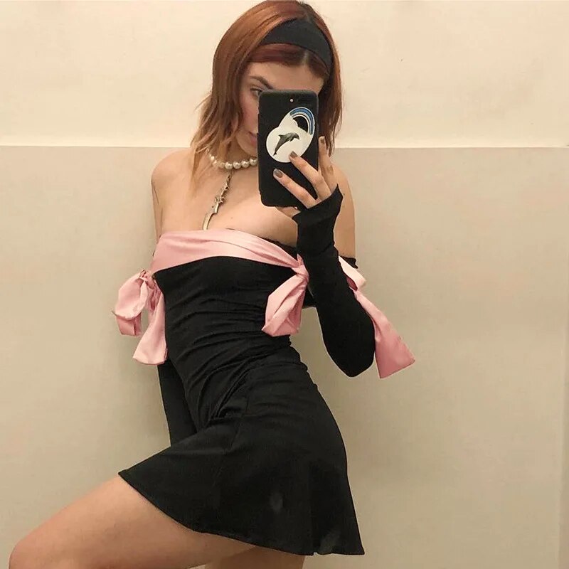 Black Off-shoulder Bow Long Sleeve Mini Dress - Free From Label