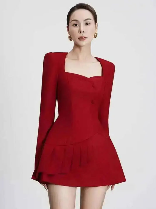 Red Square Collar Pleated Button Mini Dress