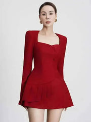 Red Square Collar Pleated Button Mini Dress