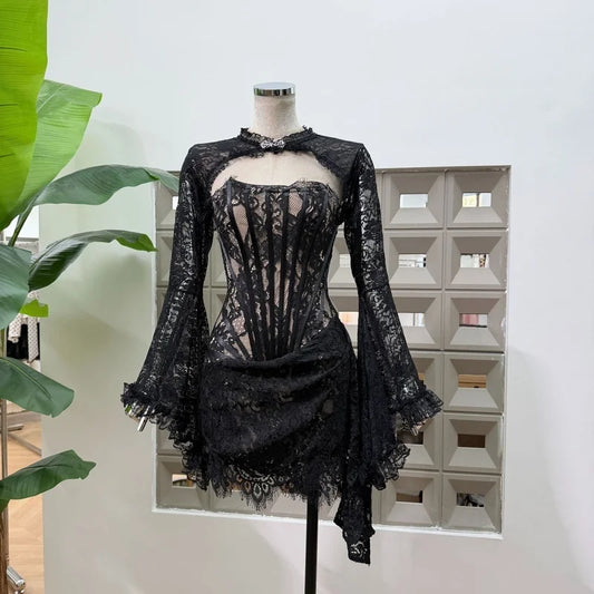 Black Lace Fishbone Flare Sleeve Bodycon Mini Dress