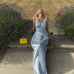 Deep V-Neck Ribbion Tie Up Satin Maxi Dress