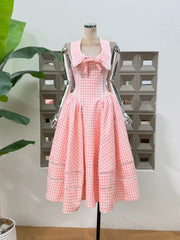 Plaid Collar Back Tie Up Midi Dress