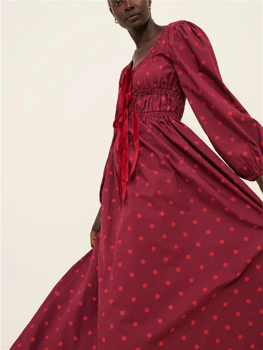 Red Polka Dot Bow Long Puff Sleeve Smocked Midi Dress