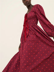 Red Polka Dot Bow Long Puff Sleeve Smocked Midi Dress