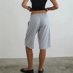 Drawstring Side Snap Button Knee Length Bermuda Shorts