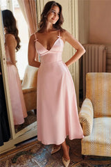 Pink Satin V-neck Strap Midi Dress