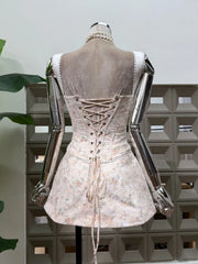 Printed Strap Lace-up Top And Mini Floral Bow Skirt Set
