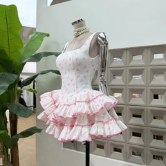 Floral Printed Sleeveless Frill Layred Bloomer Mini Dress