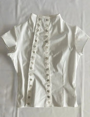 Stripe Double Button Up Mock Neck Shirt