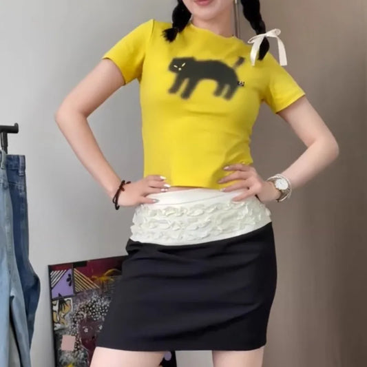 Black Cat Printed Yellow Graphic Top