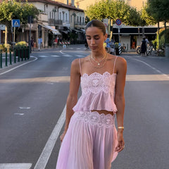 Lace Embroidered Square Neck Sheer Crop Top And Wide Pants Set