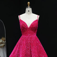 Pink V Neck Spaghetti Straps Sequined A-line Mini Dress