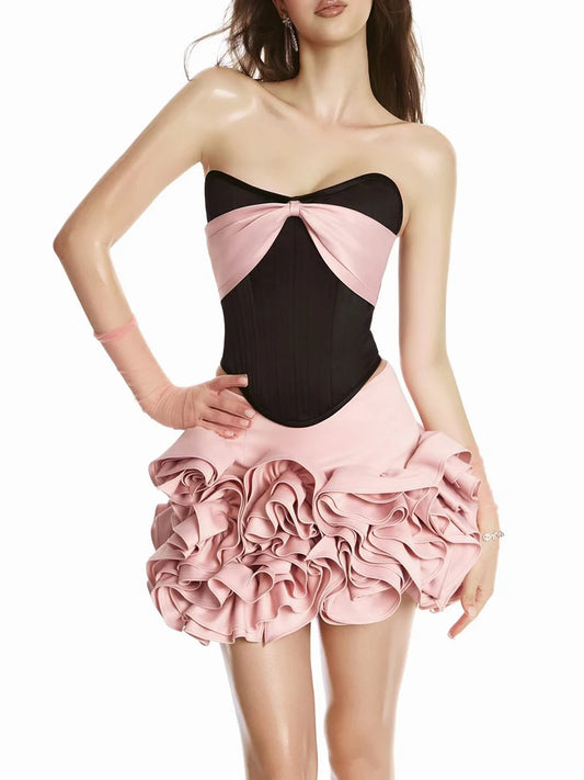 Black Satin Strapless Croset Top And 3d Frill Flower Mini Skirt Two-Piece Set
