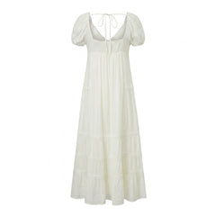 Lace Puff Sleeve V-Neck Back Tie Maxi Dress