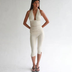 Halter Neck Deep V Neck Ruched Bodycon Capri Length Jumpsuit