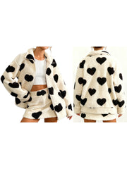Heart Print Fuzzy Fleece Zip Up Jacket