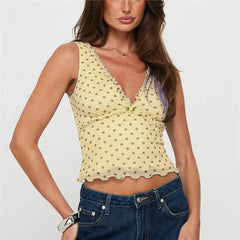 Dotted Ruffles Trim Sleeveless Tank Top
