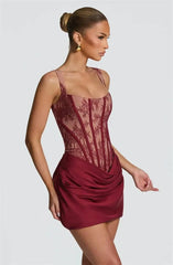 Lace Corset Square Neck Ruched Satin Bodycon Short Dress