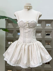 Striped Lace Trim Boned Bodice Flared Mini Dress