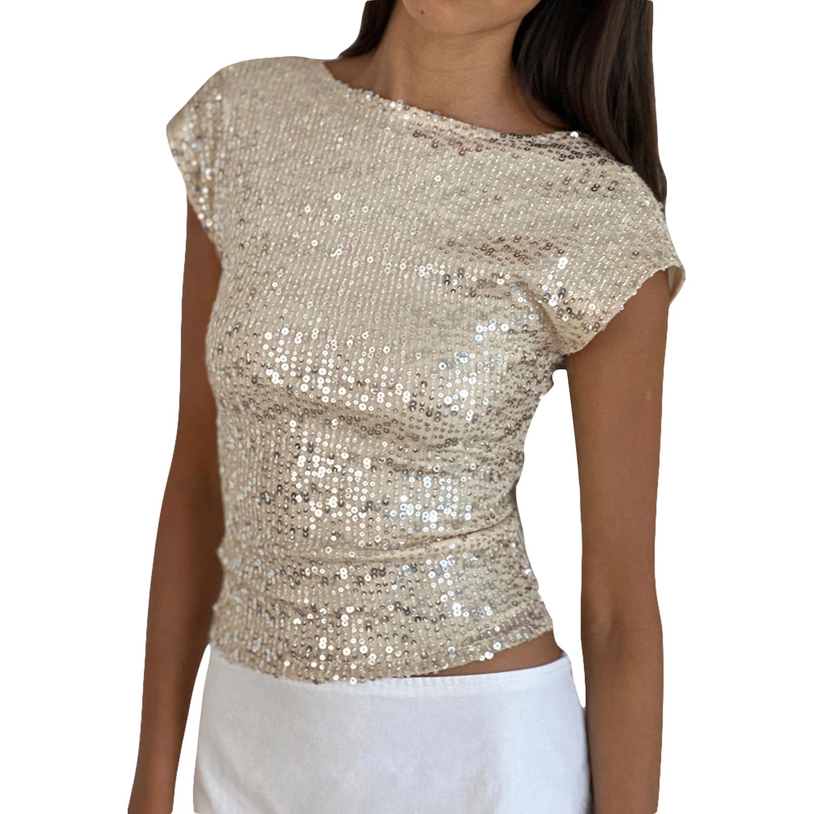 Gold sequin top worn by a person on a white background