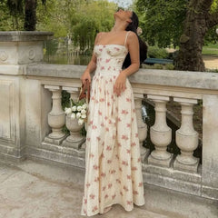 Floral Print Back Lace Up Spaghetti Strap Maxi Dress