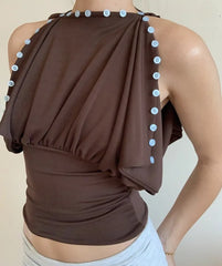 Brown Button Up Off-Shoulder Top