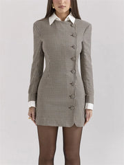 Plaid Buttoned Collar Long Sleeve Mini Dress