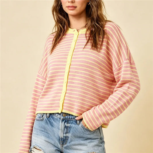 Striped Knit Crew Neck Cardigan
