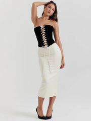 Women Strapless Bandage Crop Top And Midi Skirt Sets