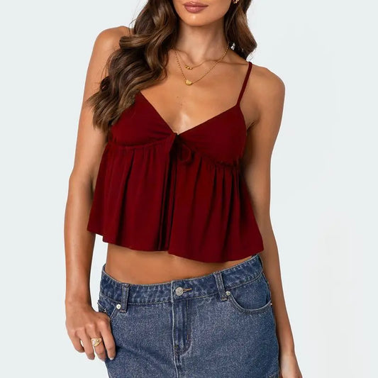 Babydoll Bow Tied V Neck Crop Top