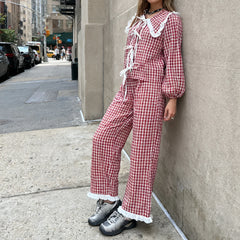 Red Plaid Long Sleeve Doll Collar Tie Up Top And  Wide Leg Pants Sets