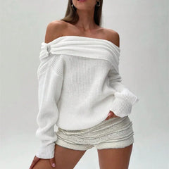 Off The Shoulder Fold Over Long Sleeve Ribbed Sweater