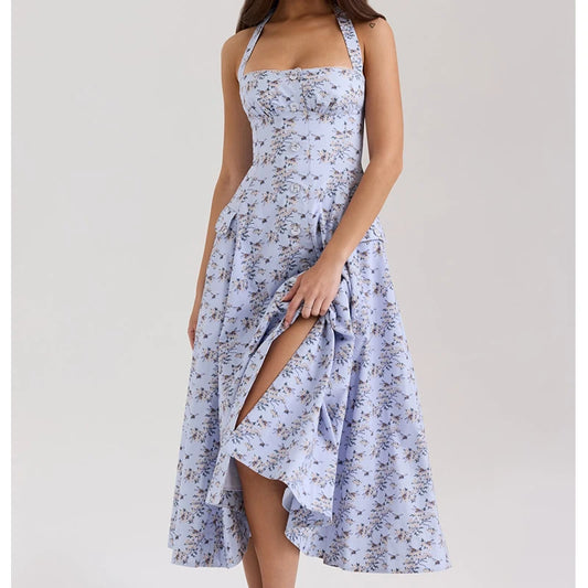 Halter A-line Midi Buttoned Dress