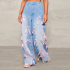 Pink Ribbon Bow Straight Baggy Jeans
