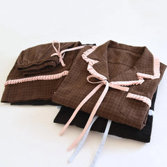 Contrast Seam Bow Long Sleeve Shirt And Wide Legs Pajama Set