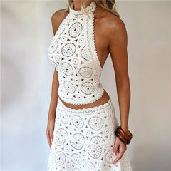 White Crochet Halter Neck Back Tie Crop Top And Midi Skirt Set