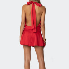 Red Satin Open Back Halter Neck Mini Dress