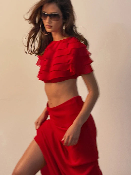 Red Tiered Mesh Crop Top And Maxi Skirt Set
